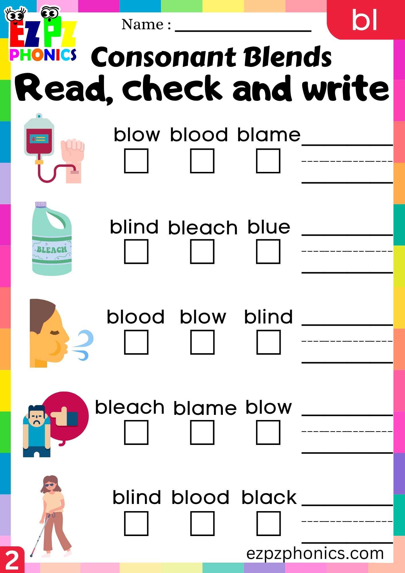 Group2 Bl Words Read Check And Write Phonics Consonant Blends Worksheet